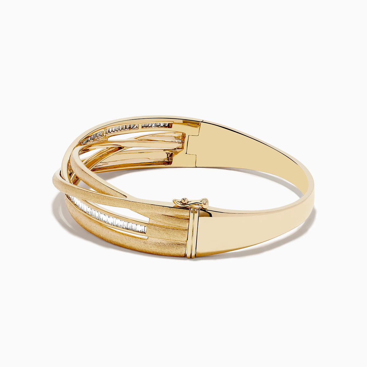 The DOro 14K Brushed Yellow Gold Diamond Crossover Bangle (1.10 TCW) features overlapping polished and textured bands in a crossover design, complete with a subtle side clasp for a refined finish.