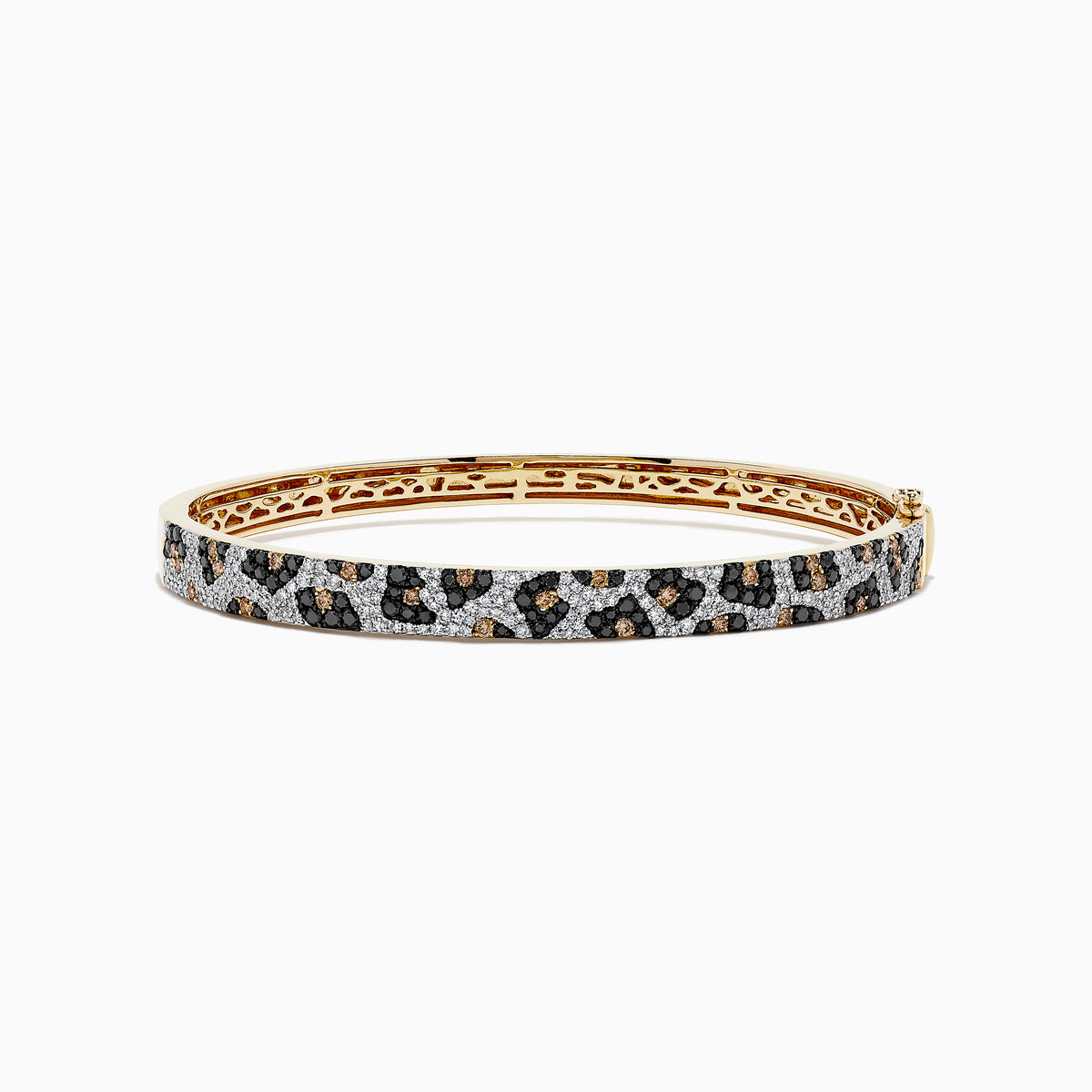 The Signature 14K Yellow Gold Diamond Panther Spot Bangle showcases a leopard print with black, brown, and white stones and an elegant openwork interior design.