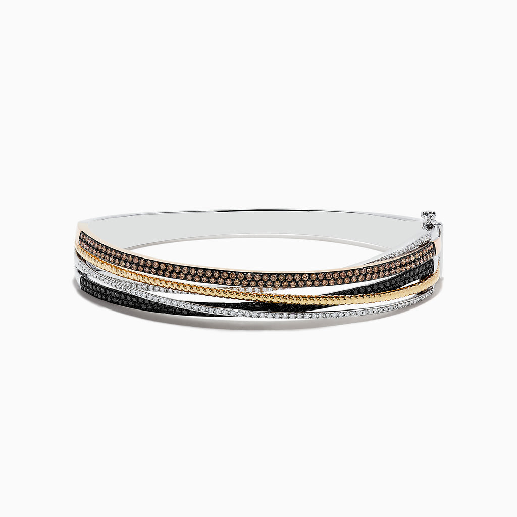The 14K Trio-Color Gold Bangle features intertwined strands with brown, black, and white diamonds totaling 1.97 TCW, crafted in a polished finish for a sleek look.
