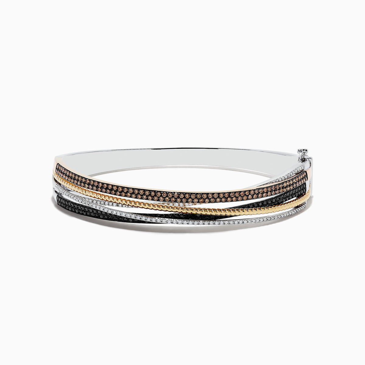 The 14K Trio-Color Gold Bangle features intertwined strands with brown, black, and white diamonds totaling 1.97 TCW, crafted in a polished finish for a sleek look.