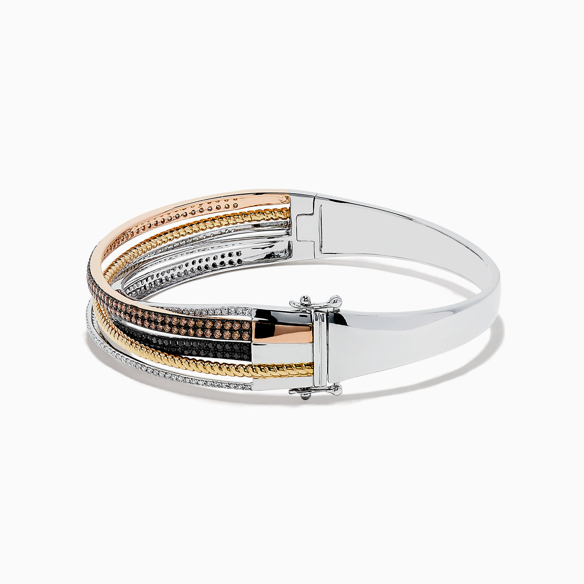 The 14K Trio-Color Gold Bangle features intertwined strands with brown, black, and white diamonds totaling 1.97 TCW, crafted in a polished finish for a sleek look.