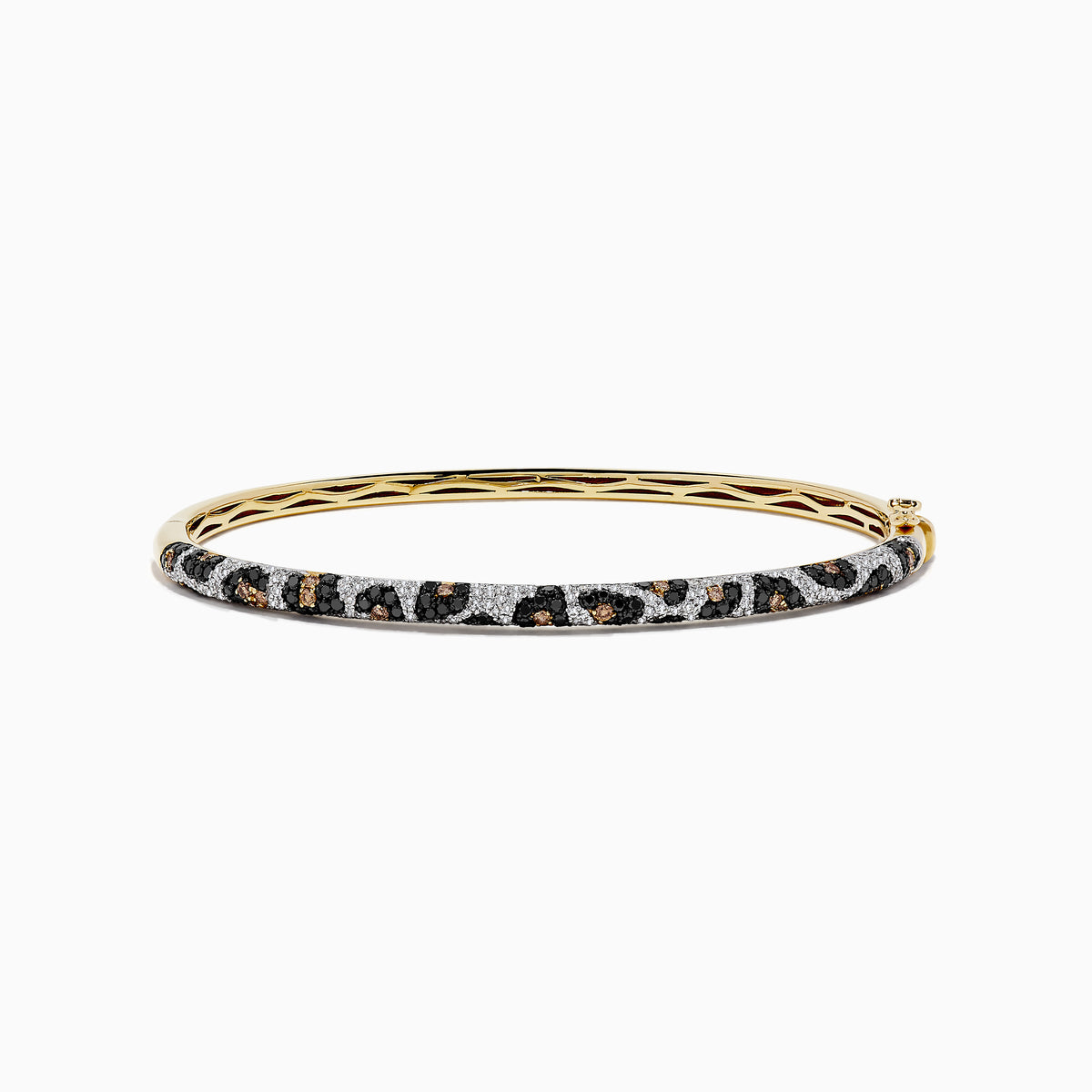 A 14K yellow gold bangle showcases panther spots with black, espresso, and white diamonds totaling 1.48 TCW for a dazzling, patterned look.