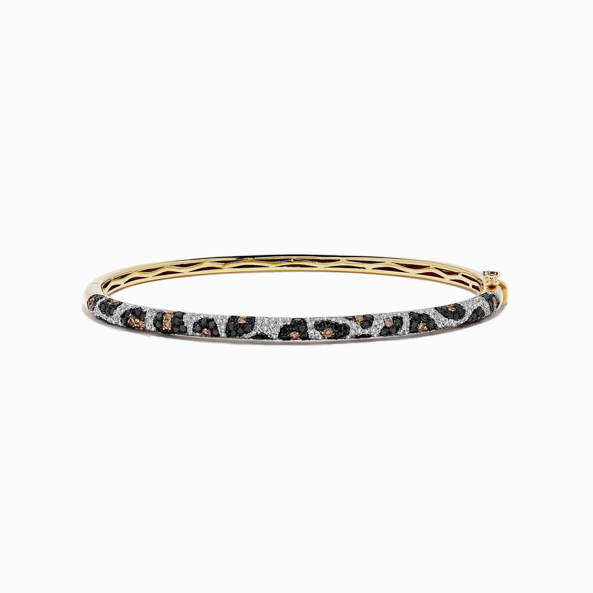 A 14K yellow gold bangle showcases panther spots with black, espresso, and white diamonds totaling 1.48 TCW for a dazzling, patterned look.
