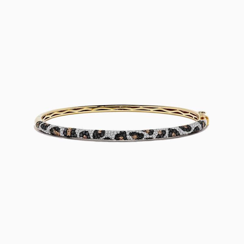 A 14K yellow gold bangle showcases panther spots with black, espresso, and white diamonds totaling 1.48 TCW for a dazzling, patterned look.