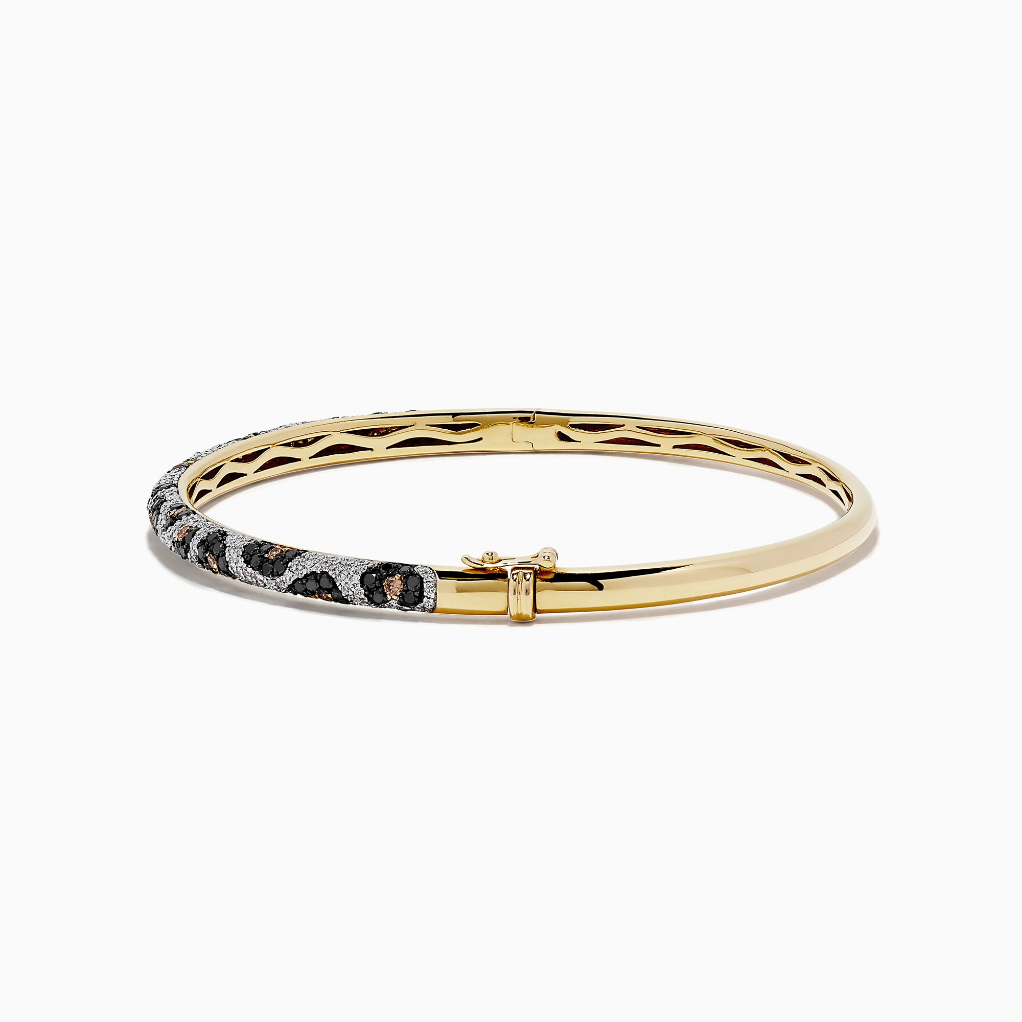 A 14K yellow gold bangle showcases panther spots with black, espresso, and white diamonds totaling 1.48 TCW for a dazzling, patterned look.