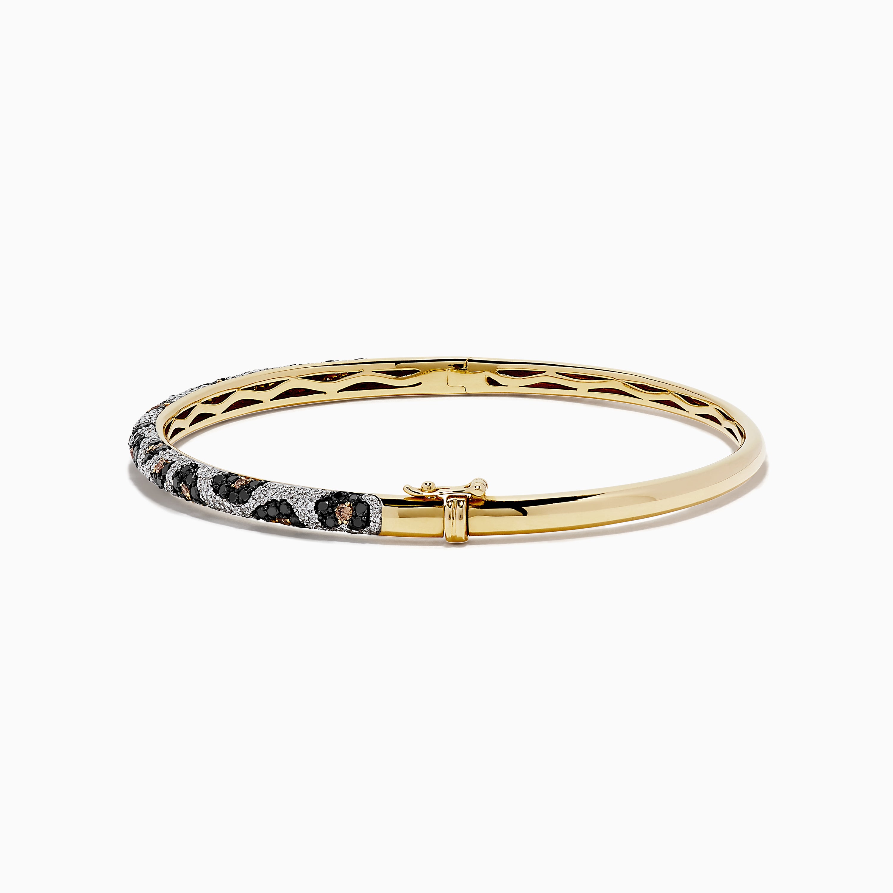 A 14K yellow gold bangle showcases panther spots with black, espresso, and white diamonds totaling 1.48 TCW for a dazzling, patterned look.