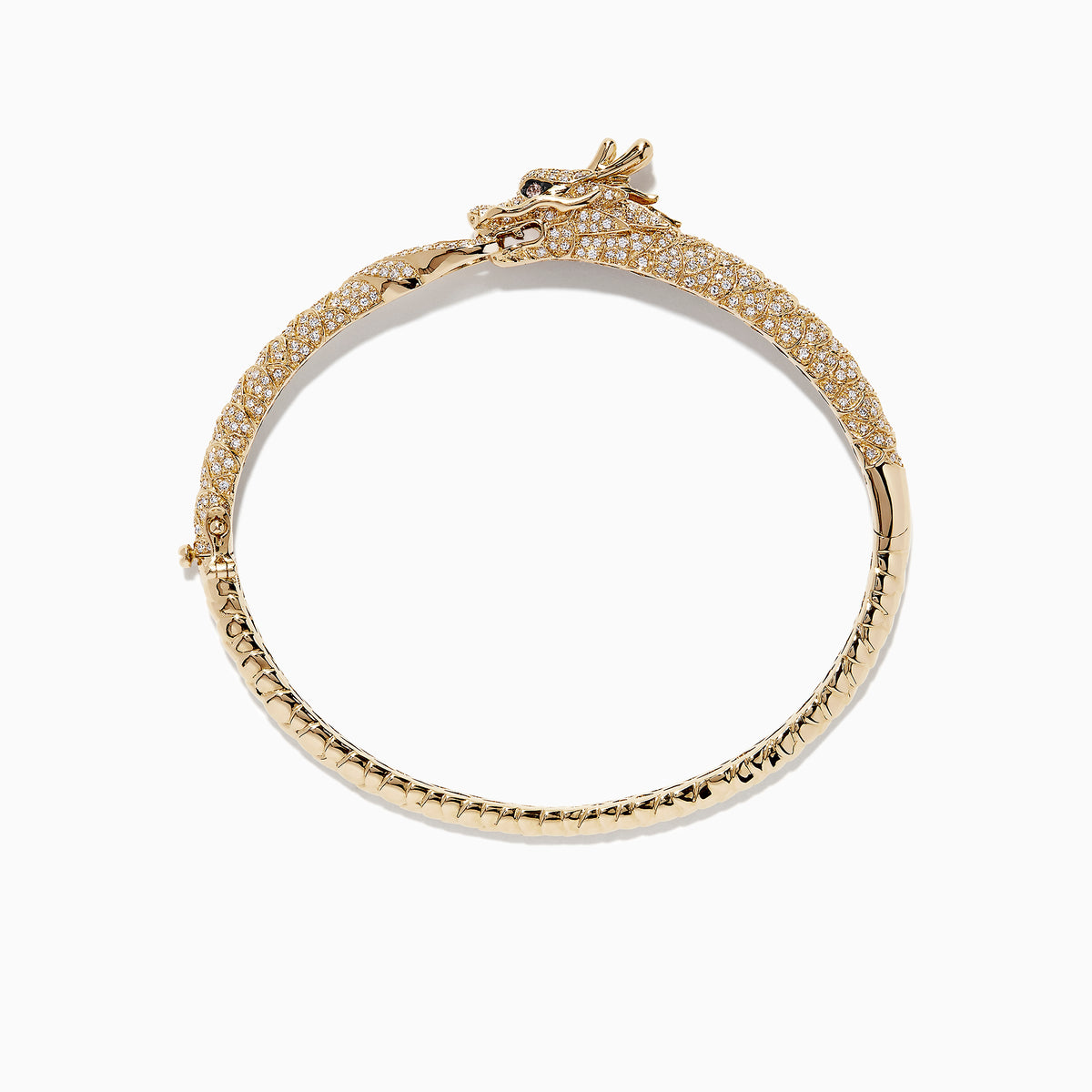 The Safari 14K Yellow Gold Diamond Dragon Bangle, 1.83 TCW, features sparkling diamonds and a detailed dragon head and tail clasp, inspired by the Effy Safari collection and showcased on a white background.