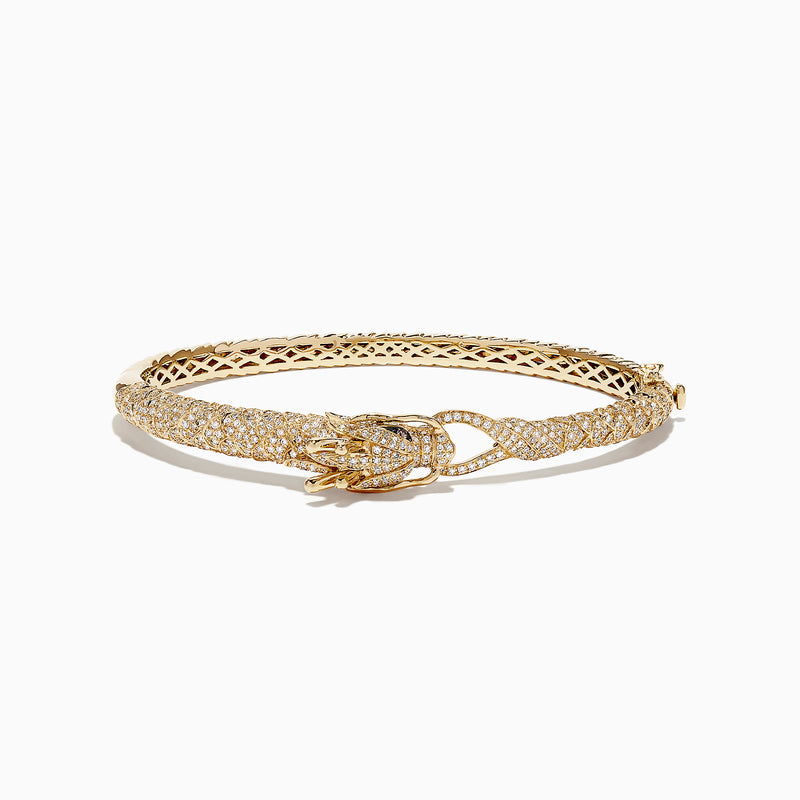 The Safari 14K Yellow Gold Diamond Dragon Bangle, 1.83 TCW, features sparkling diamonds and a detailed dragon head and tail clasp, inspired by the Effy Safari collection and showcased on a white background.