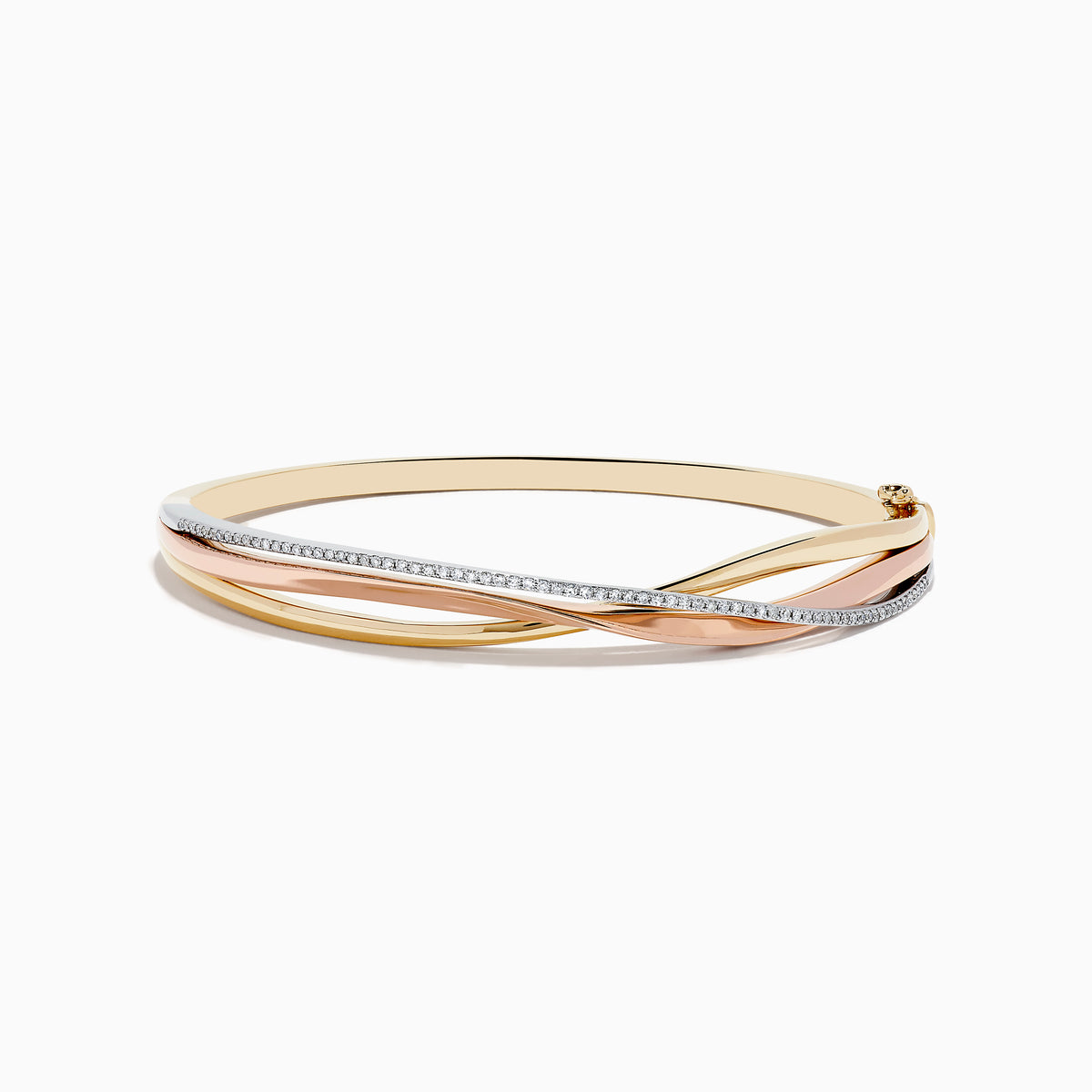 The Trio 14K Three-Tone Gold Diamond Bangle 0.29 TCW features intertwined bands of yellow, rose, and white gold with a row of sparkling diamonds on one band, shown against a white background.