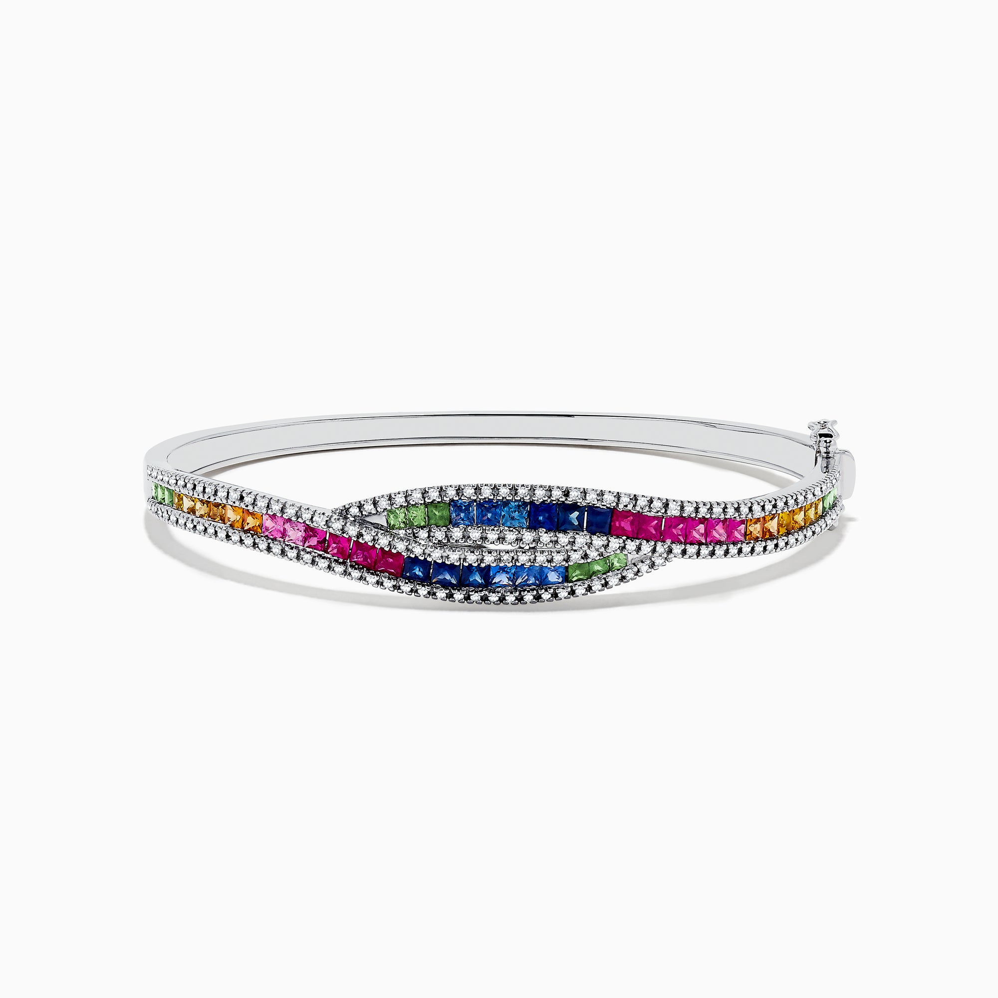 The 14K White Gold Multi Sapphire and Diamond Bangle showcases wavy rows of pink, blue, green, orange, and clear gemstones in an intricate and sparkling pattern for a vibrant look.