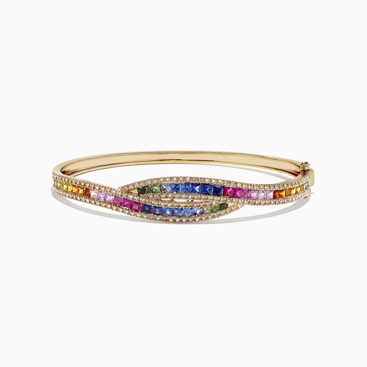 The Watercolors 14K Gold Multi Sapphire and Diamond Bangle, 4.17 TCW, features intertwined rows of sapphires and diamonds in a wave pattern with a side clasp.