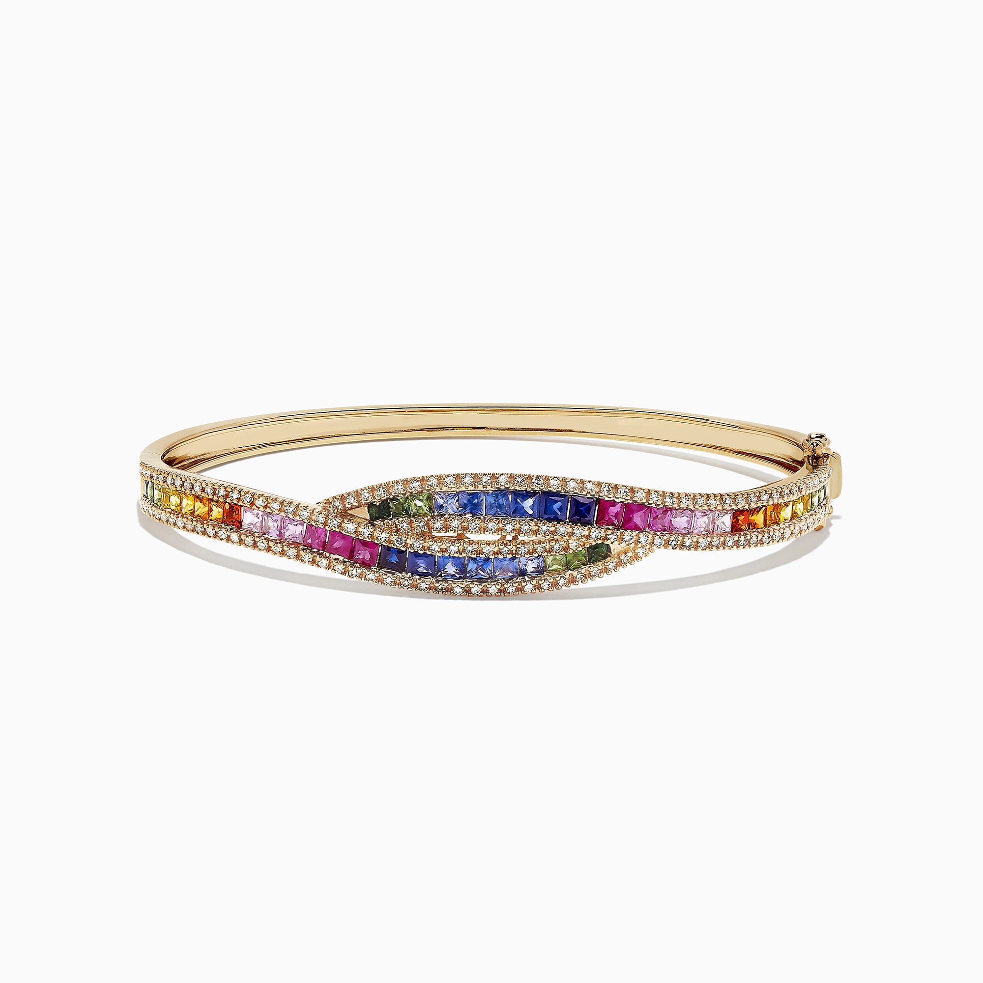 The Watercolors 14K Gold Multi Sapphire and Diamond Bangle, 4.17 TCW, features intertwined rows of sapphires and diamonds in a wave pattern with a side clasp.