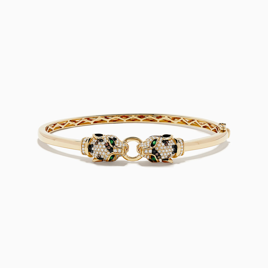 The Signature 14K Yellow Gold Emerald and Multi Diamond Bangle features two panther heads with black and green gemstones, facing each other and holding a ring in their mouths.