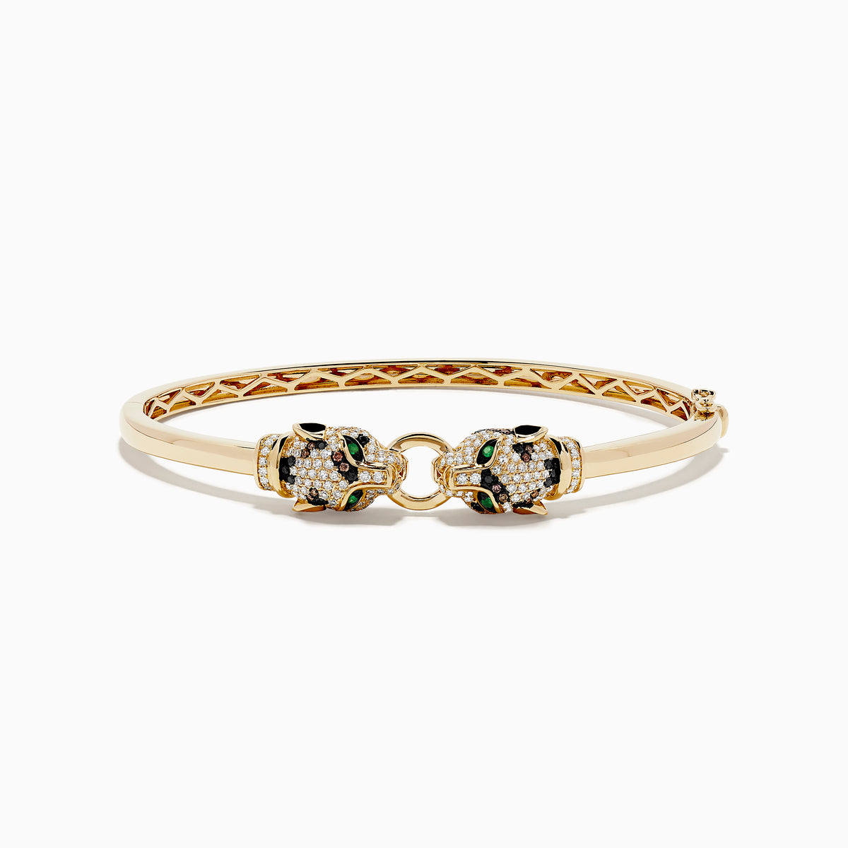 The Signature 14K Yellow Gold Emerald and Multi Diamond Bangle features two panther heads with black and green gemstones, facing each other and holding a ring in their mouths.