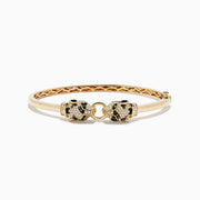 The Signature 14K Yellow Gold Emerald and Multi Diamond Bangle features two panther heads with black and green gemstones, facing each other and holding a ring in their mouths.