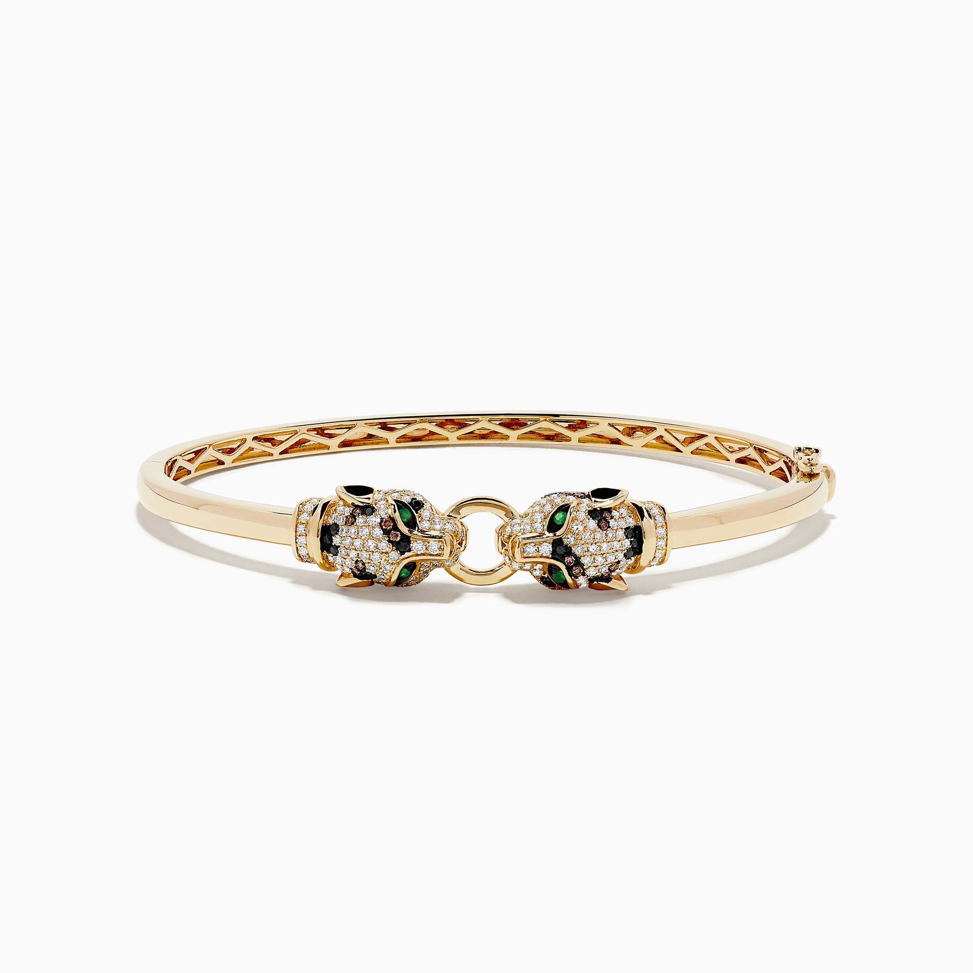 The Signature 14K Yellow Gold Emerald and Multi Diamond Bangle features two panther heads with black and green gemstones, facing each other and holding a ring in their mouths.