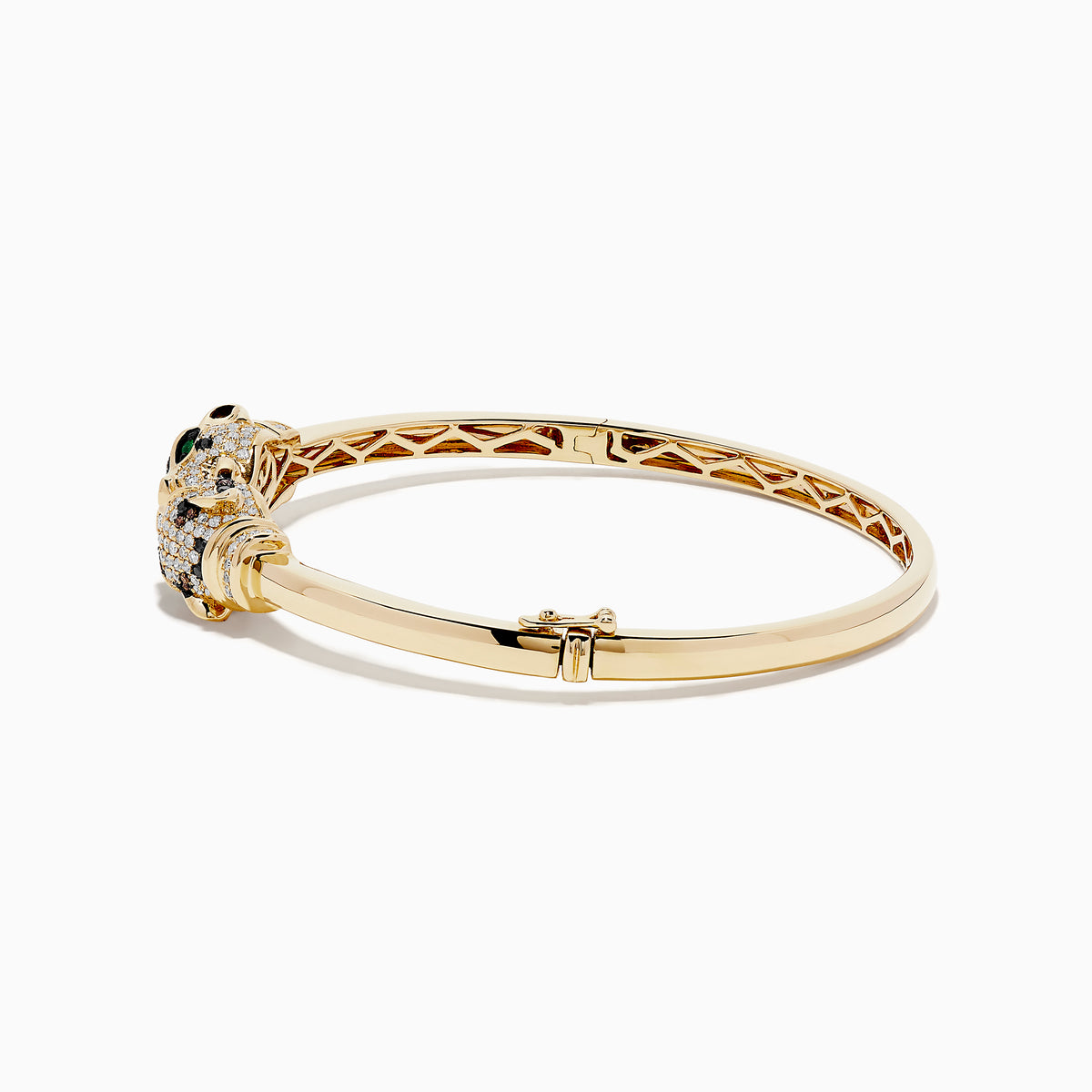 The Signature 14K Yellow Gold Emerald and Multi Diamond Bangle features two panther heads with black and green gemstones, facing each other and holding a ring in their mouths.