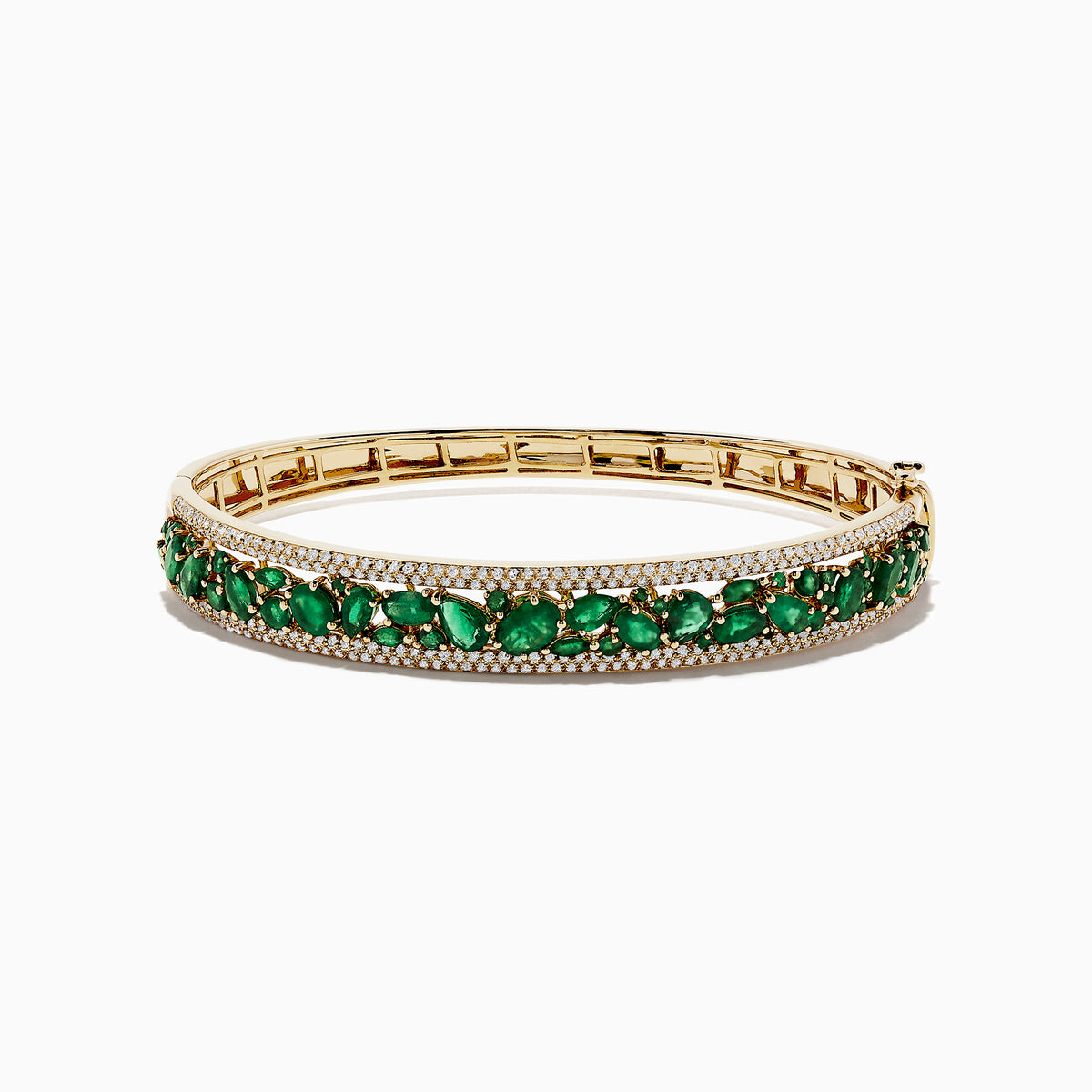 The Brasilica 14K Yellow Gold Emerald and Diamond Bangle, 6.81 TCW, features a secure clasp, elegant design, and is adorned with an intricate row of emeralds and small diamonds.