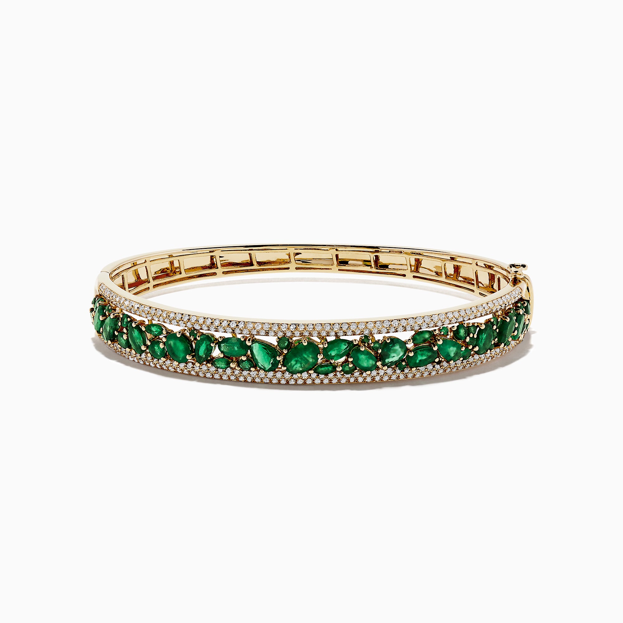 The Brasilica 14K Yellow Gold Emerald and Diamond Bangle, 6.81 TCW, features a secure clasp, elegant design, and is adorned with an intricate row of emeralds and small diamonds.