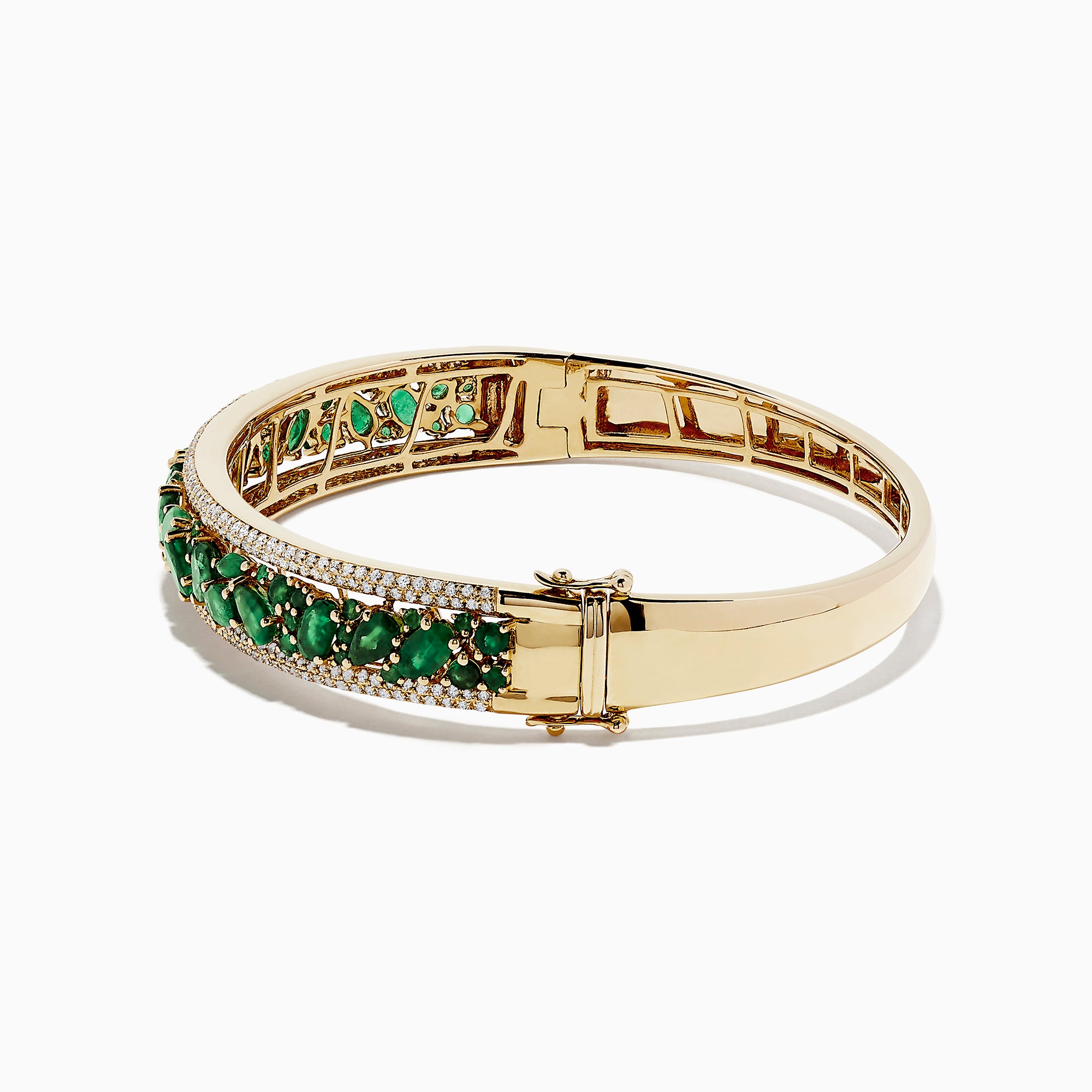 The Brasilica 14K Yellow Gold Emerald and Diamond Bangle, 6.81 TCW, features a secure clasp, elegant design, and is adorned with an intricate row of emeralds and small diamonds.