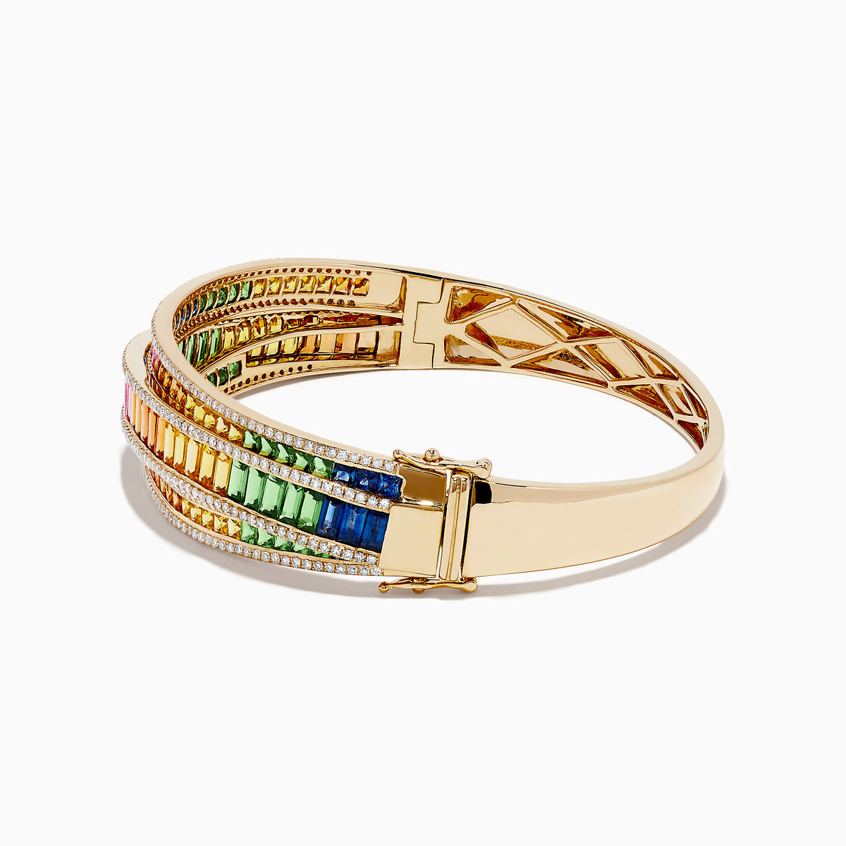 The Watercolors 14K Gold Multi Sapphire and Diamond Bangle features rows of vibrant multicolored sapphires bordered by shimmering white diamonds, all set in dazzling 14K gold.