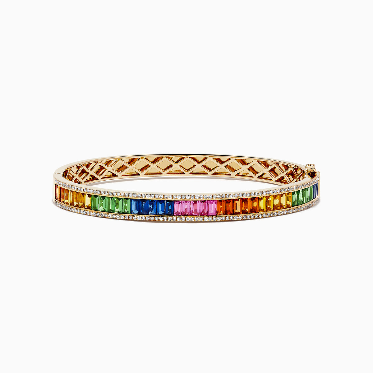 The Watercolors 14K Gold Multi Sapphire and Diamond Bangle features a row of rectangular multi sapphire gemstones in a rainbow pattern, bordered by white diamonds, set against a white background.