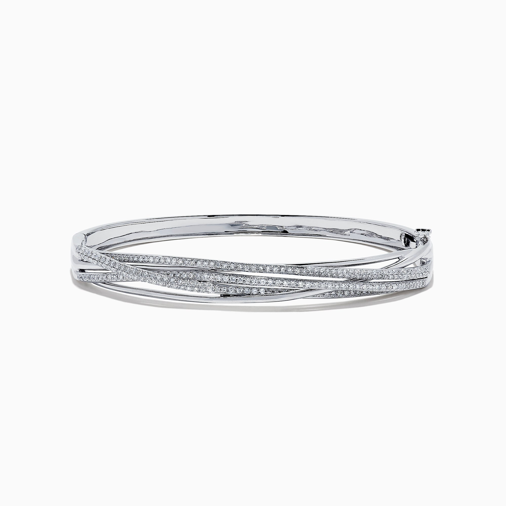 The 14K White Gold Diamond Cross Over Bangle, 1.05 TCW, features intertwined bands with dazzling diamonds, beautifully displayed on a white background.