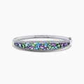 The Watercolors 14K White Gold Multi Sapphire and Diamond Bangle, 6.25 TCW, features rows of green, blue, and purple sapphires with diamond accents, shown on a white background.