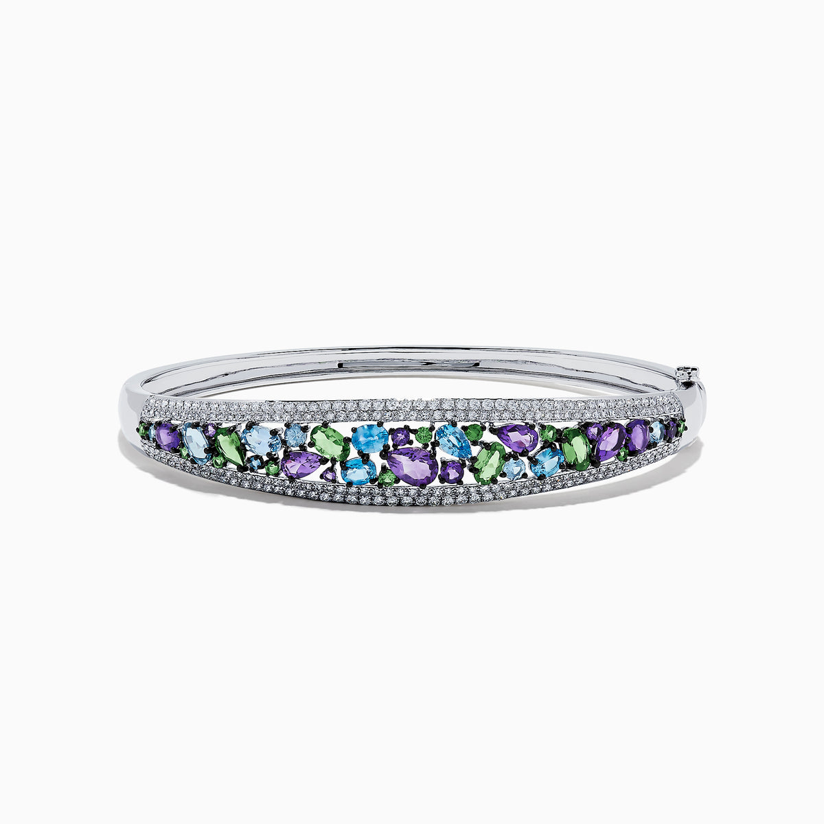 The Watercolors 14K White Gold Multi Sapphire and Diamond Bangle, 6.25 TCW, features rows of green, blue, and purple sapphires with diamond accents, shown on a white background.