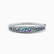 The Watercolors 14K White Gold Multi Sapphire and Diamond Bangle, 6.25 TCW, features rows of green, blue, and purple sapphires with diamond accents, shown on a white background.