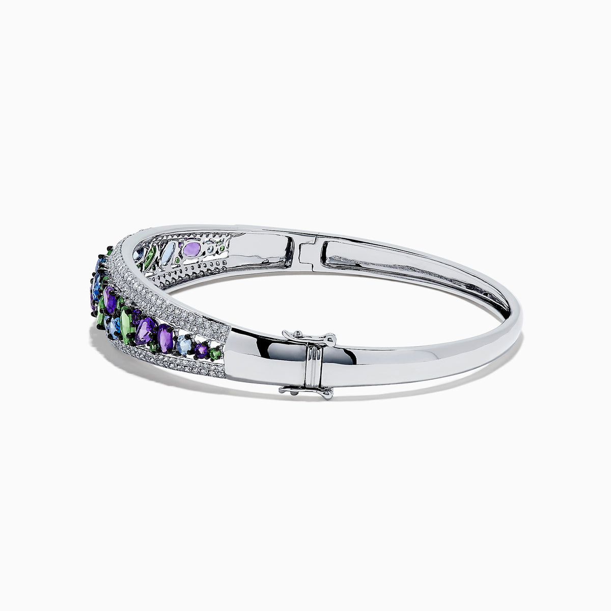 The Watercolors 14K White Gold Multi Sapphire and Diamond Bangle, 6.25 TCW, features rows of green, blue, and purple sapphires with diamond accents, shown on a white background.