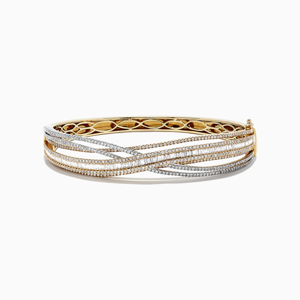 The Duo 14K Two Tone Gold Diamond Crossover Bangle features an intricate overlapping wave design with sparkling diamonds totaling 3.15 TCW, set in both yellow and white gold.