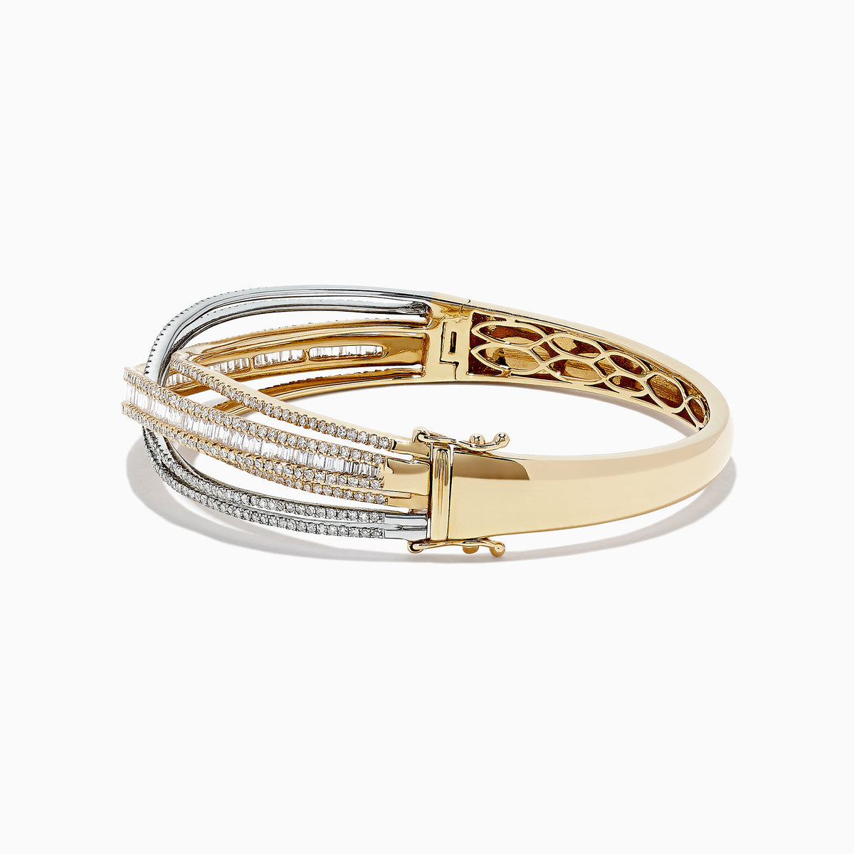 The Duo 14K Two Tone Gold Diamond Crossover Bangle features an intricate overlapping wave design with sparkling diamonds totaling 3.15 TCW, set in both yellow and white gold.