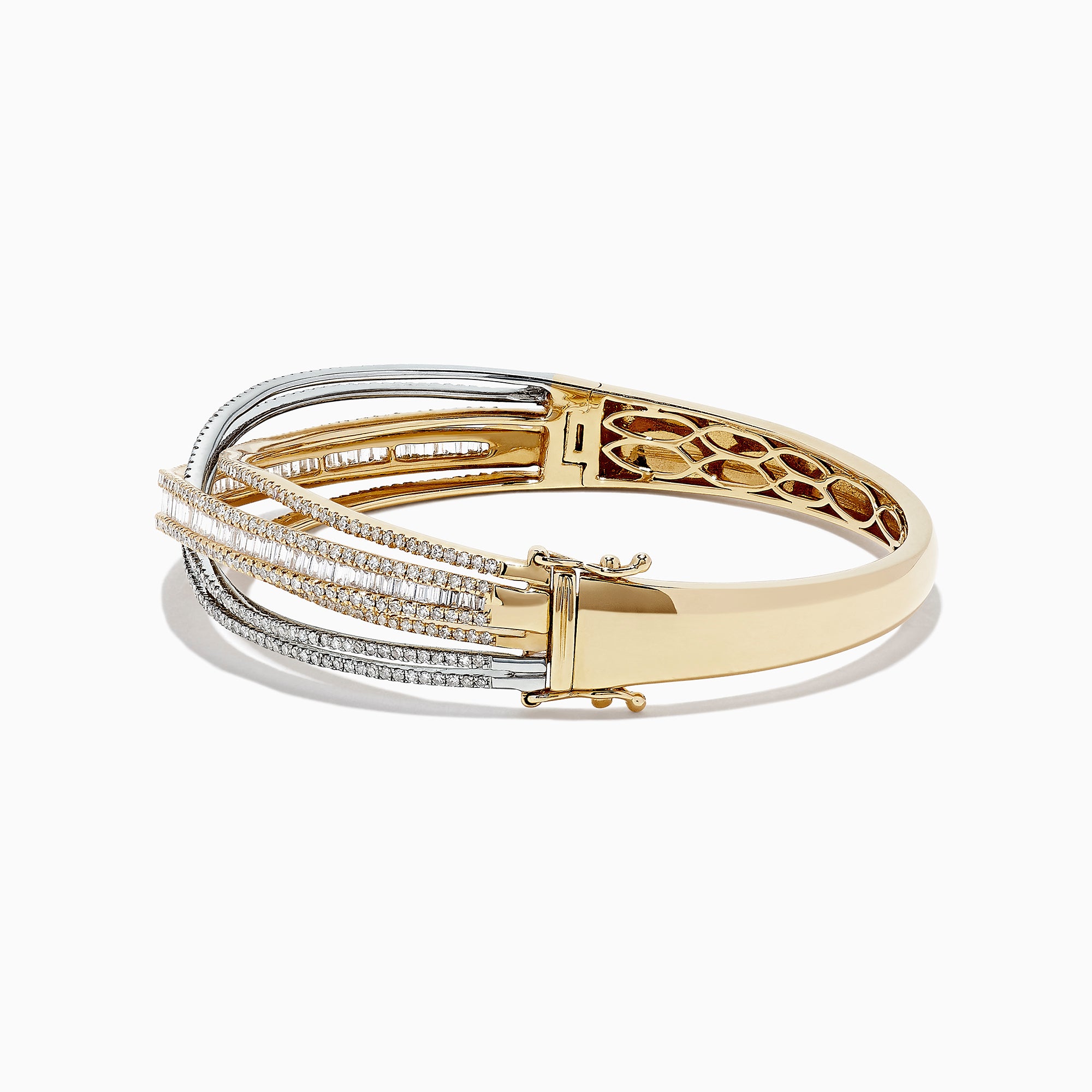 The Duo 14K Two Tone Gold Diamond Crossover Bangle features an intricate overlapping wave design with sparkling diamonds totaling 3.15 TCW, set in both yellow and white gold.