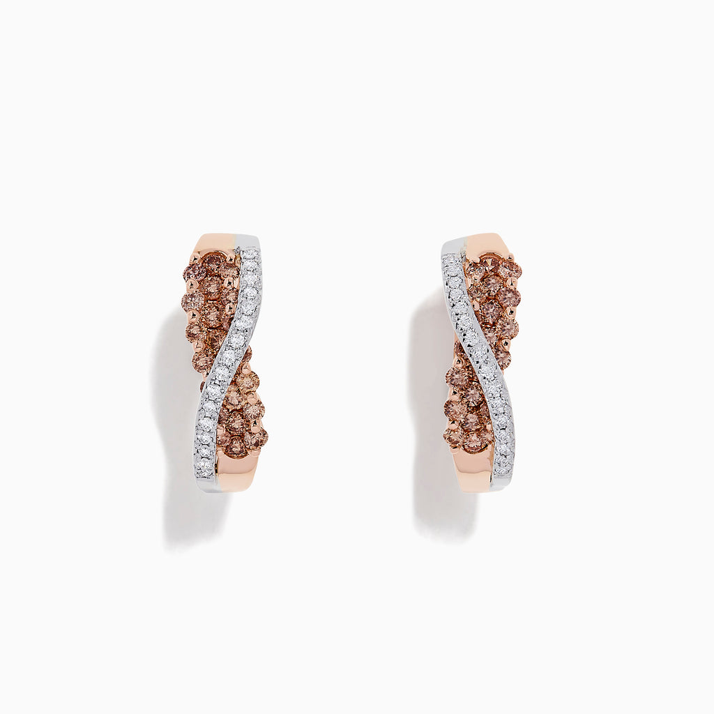14K 2-tone gold crossover hoop earrings with 1.00 TCW brown and white diamonds, shown on a white background.
