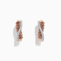 14K 2-tone gold crossover hoop earrings with 1.00 TCW brown and white diamonds, shown on a white background.