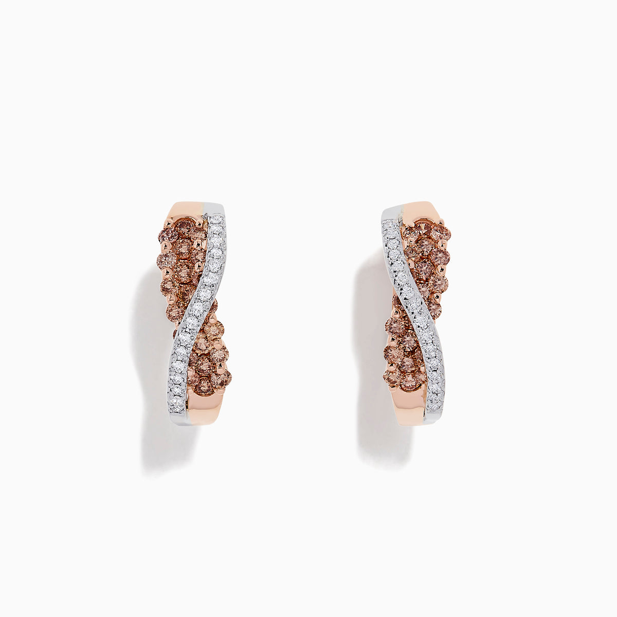 14K 2-tone gold crossover hoop earrings with 1.00 TCW brown and white diamonds, shown on a white background.