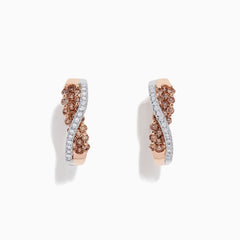 14K 2-tone gold crossover hoop earrings with 1.00 TCW brown and white diamonds, shown on a white background.