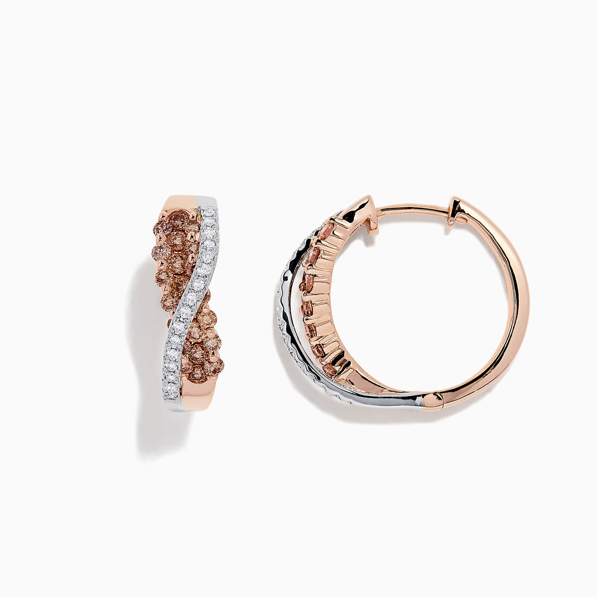 14K 2-tone gold crossover hoop earrings with 1.00 TCW brown and white diamonds, shown on a white background.