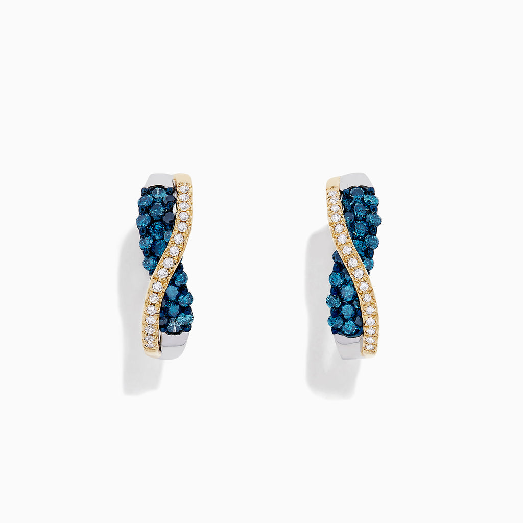14K Two Tone Gold Blue and White Diamond Crossover Hoop Earrings, 1.00 TCW