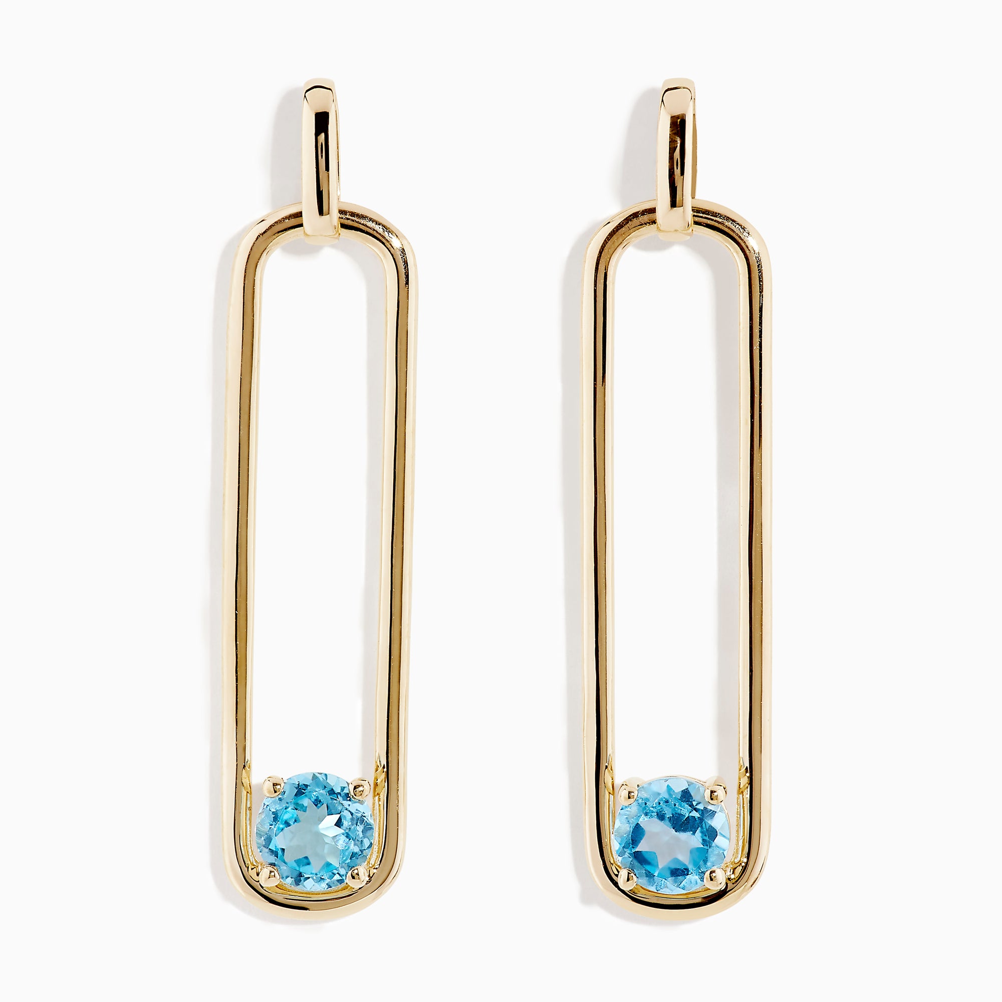 14K Yellow Gold Paperclip Blue Topaz Drop Earrings feature a minimalist, elongated design, each adorned with a round blue topaz at the bottom for effortless elegance.