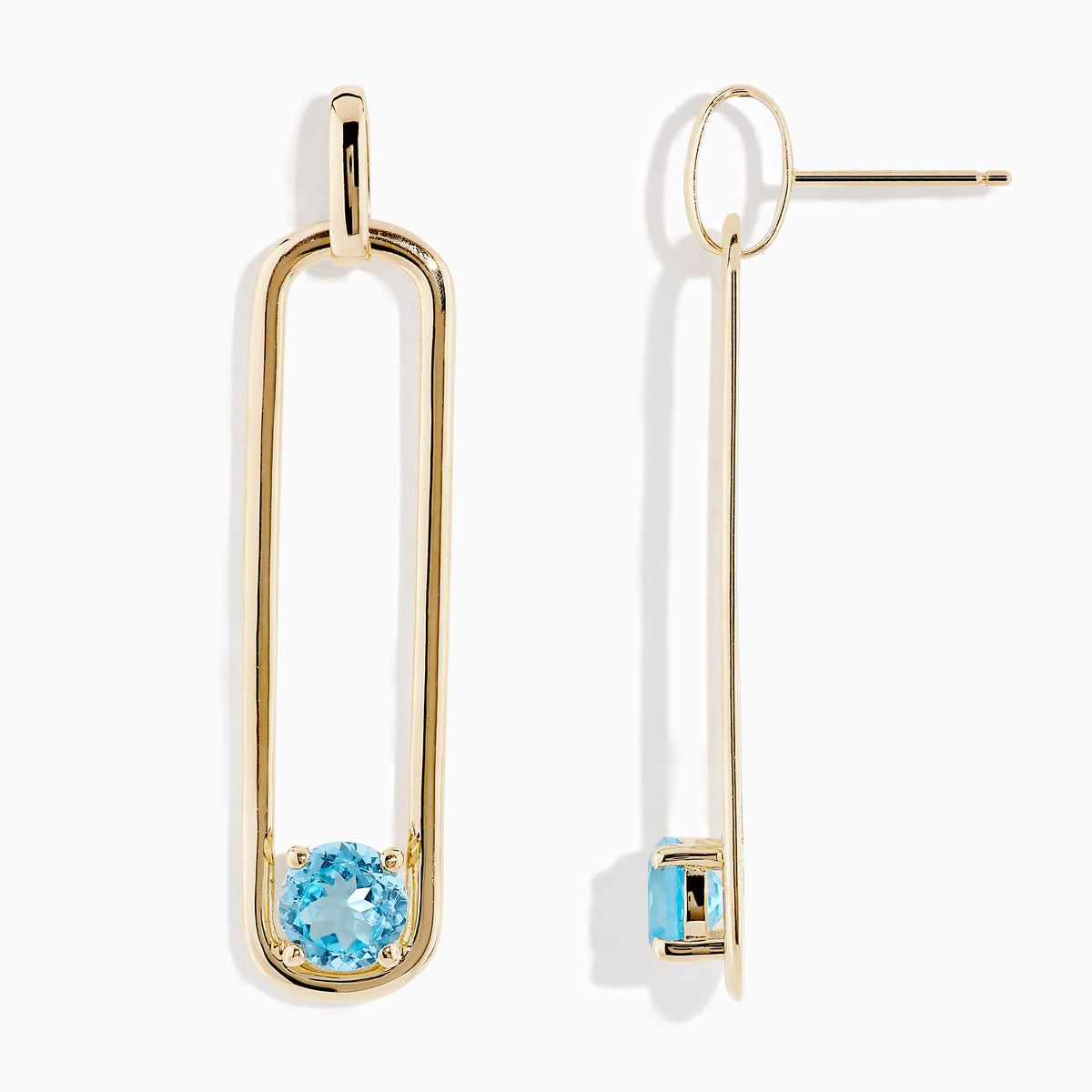 14K Yellow Gold Paperclip Blue Topaz Drop Earrings feature a minimalist, elongated design, each adorned with a round blue topaz at the bottom for effortless elegance.