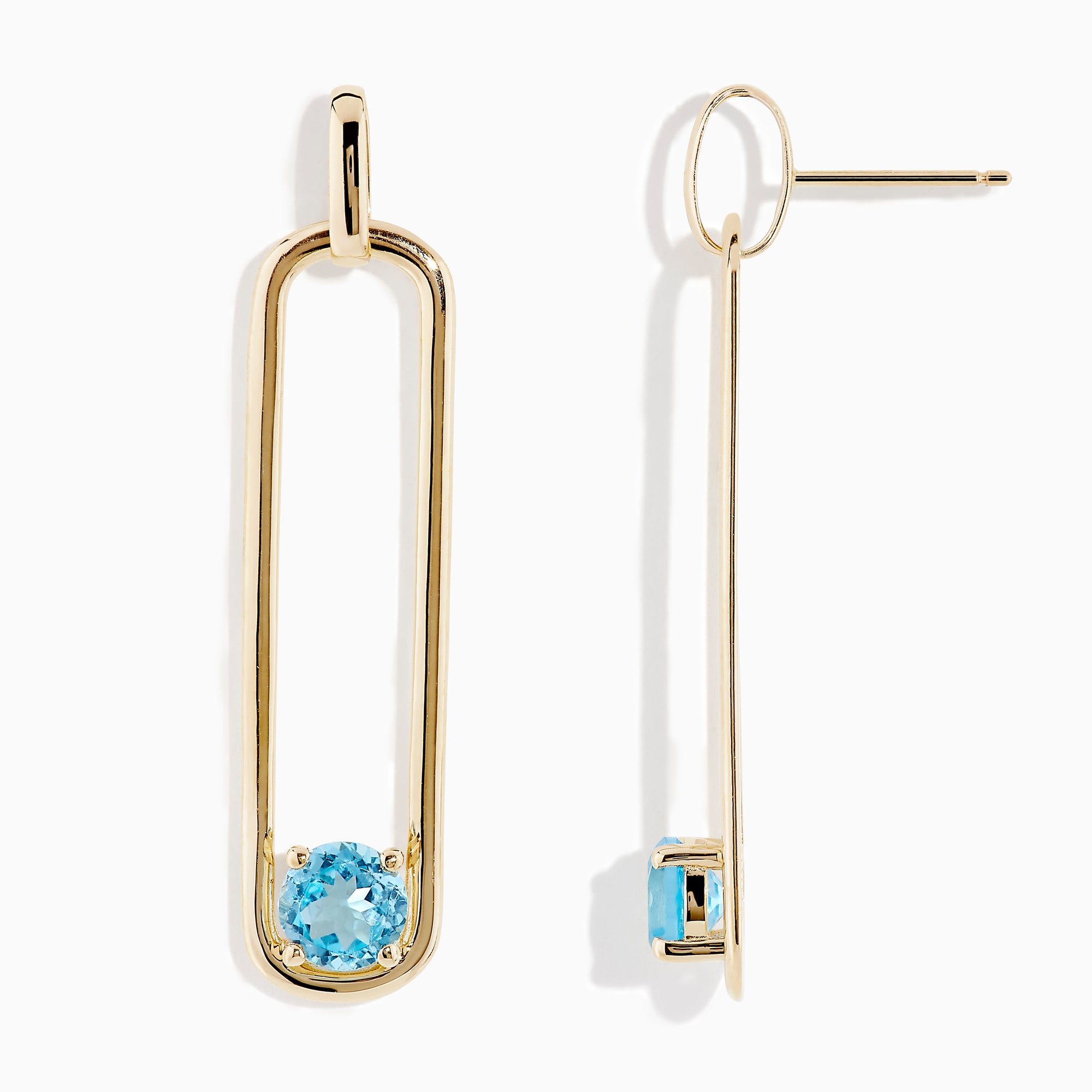 14K Yellow Gold Paperclip Blue Topaz Drop Earrings feature a minimalist, elongated design, each adorned with a round blue topaz at the bottom for effortless elegance.