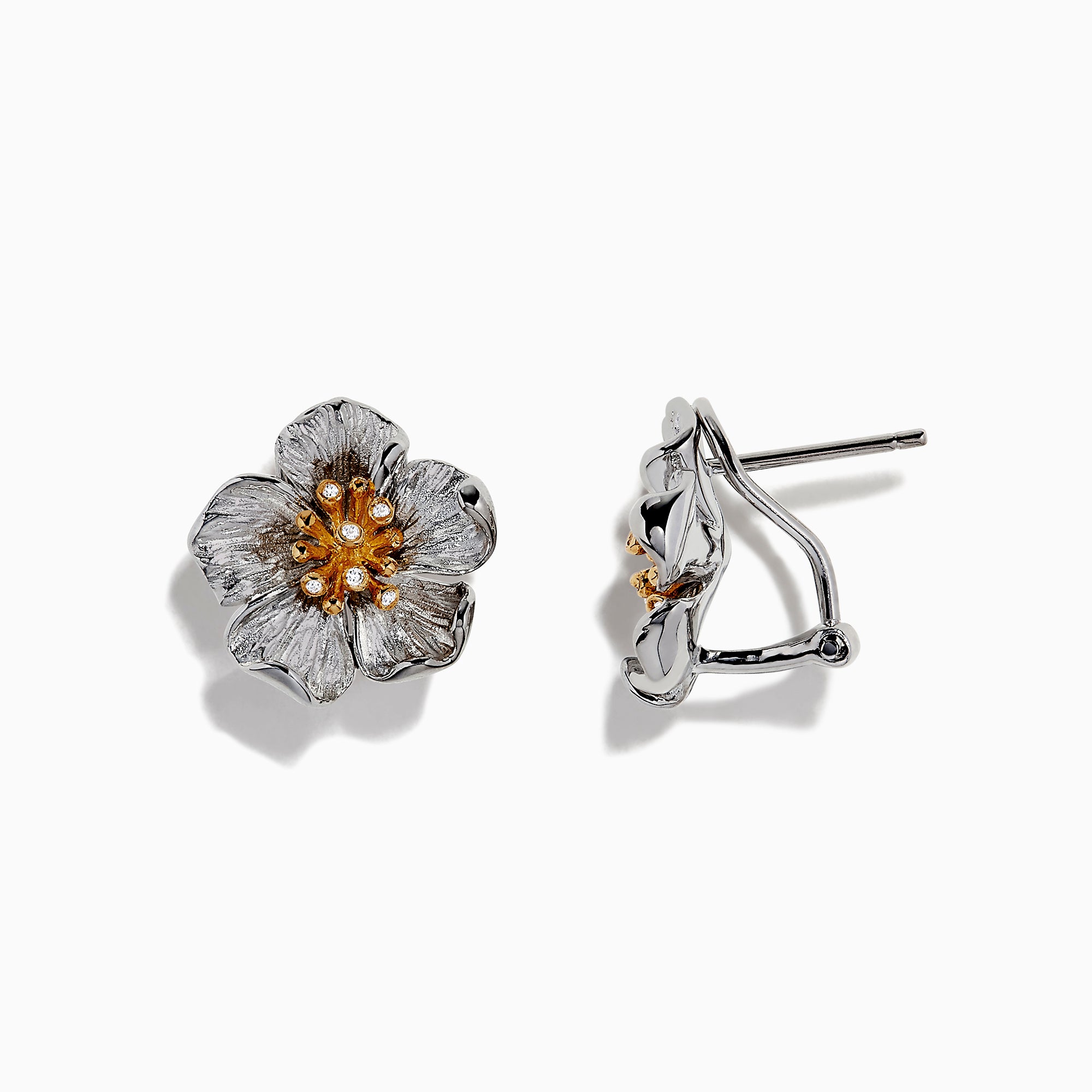 Effy Nature Sterling Silver & 18K Gold Diamond Flower Earrings, 0.04 TCW