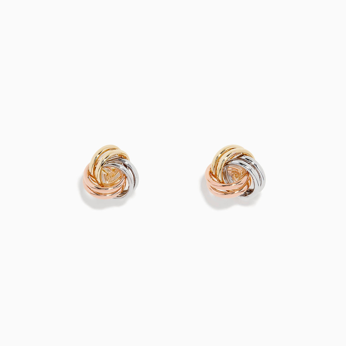The 14K Three Color Gold Double Love Knot Earrings showcase intertwined gold, silver, and rose gold loops in a classic knot design, set against a plain white background.