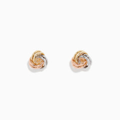 The 14K Three Color Gold Double Love Knot Earrings showcase intertwined gold, silver, and rose gold loops in a classic knot design, set against a plain white background.