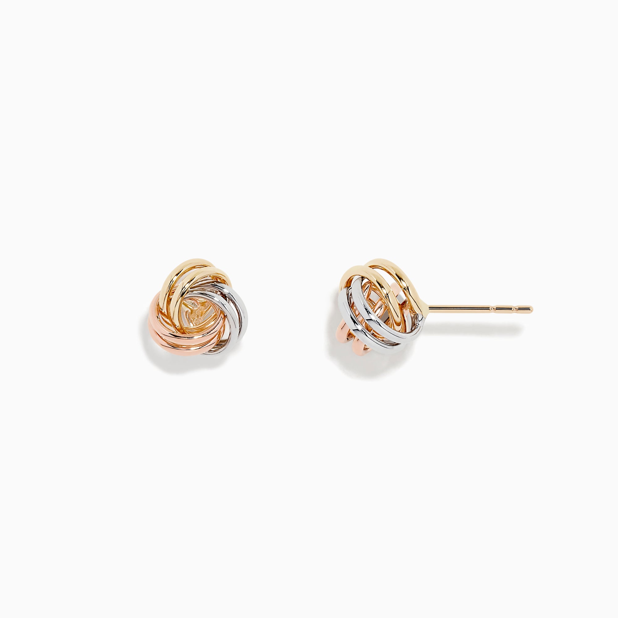 The 14K Three Color Gold Double Love Knot Earrings showcase intertwined gold, silver, and rose gold loops in a classic knot design, set against a plain white background.