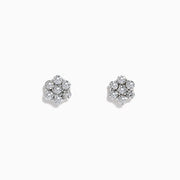 A pair of 14k White Gold Diamond bouquet studs, 0.52 TCW, features multiple round diamonds clustered in a floral design and set closely together in lustrous white gold.
