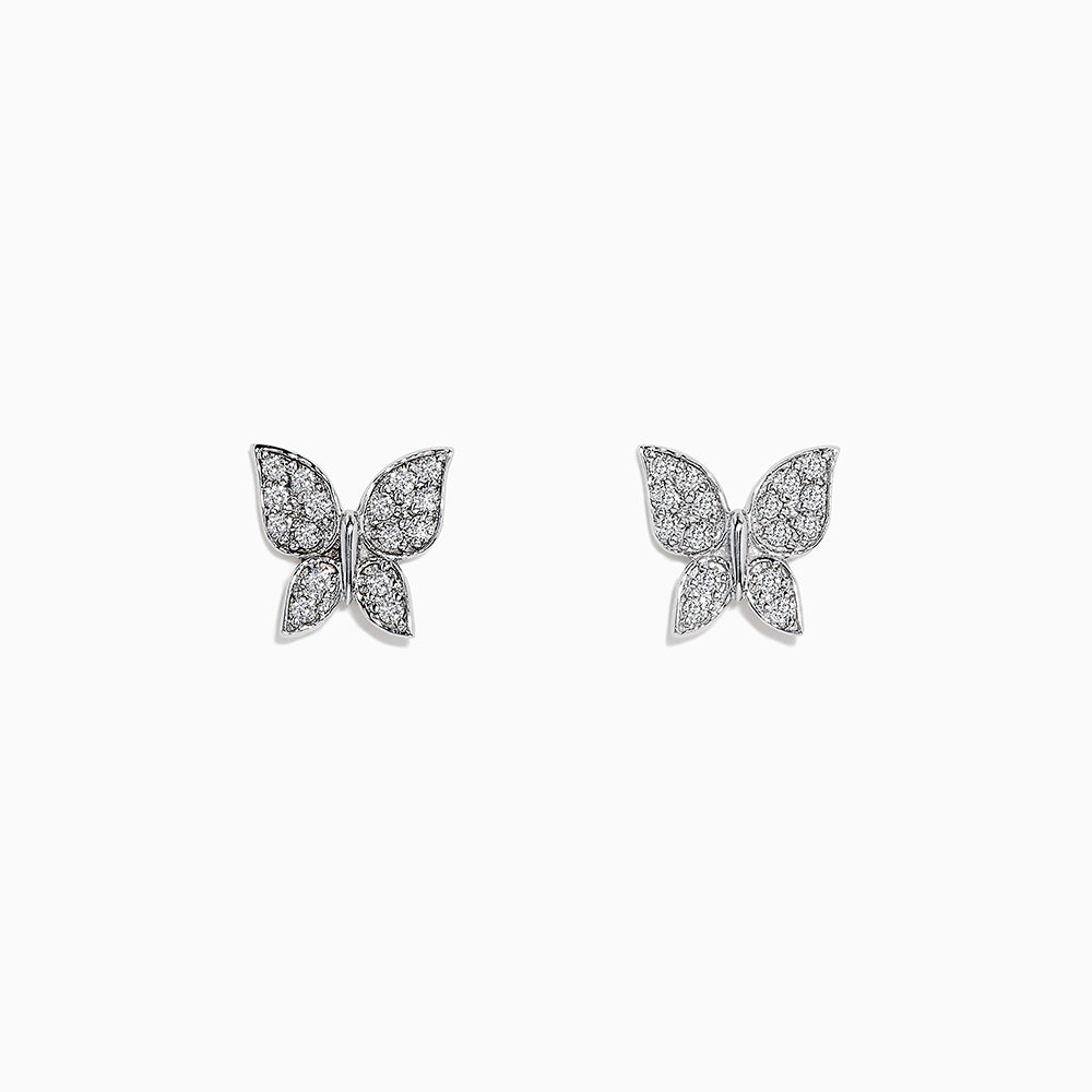 A pair of 14k White Gold Diamond butterfly studs, 0.30 TCW, is displayed on a plain white background.