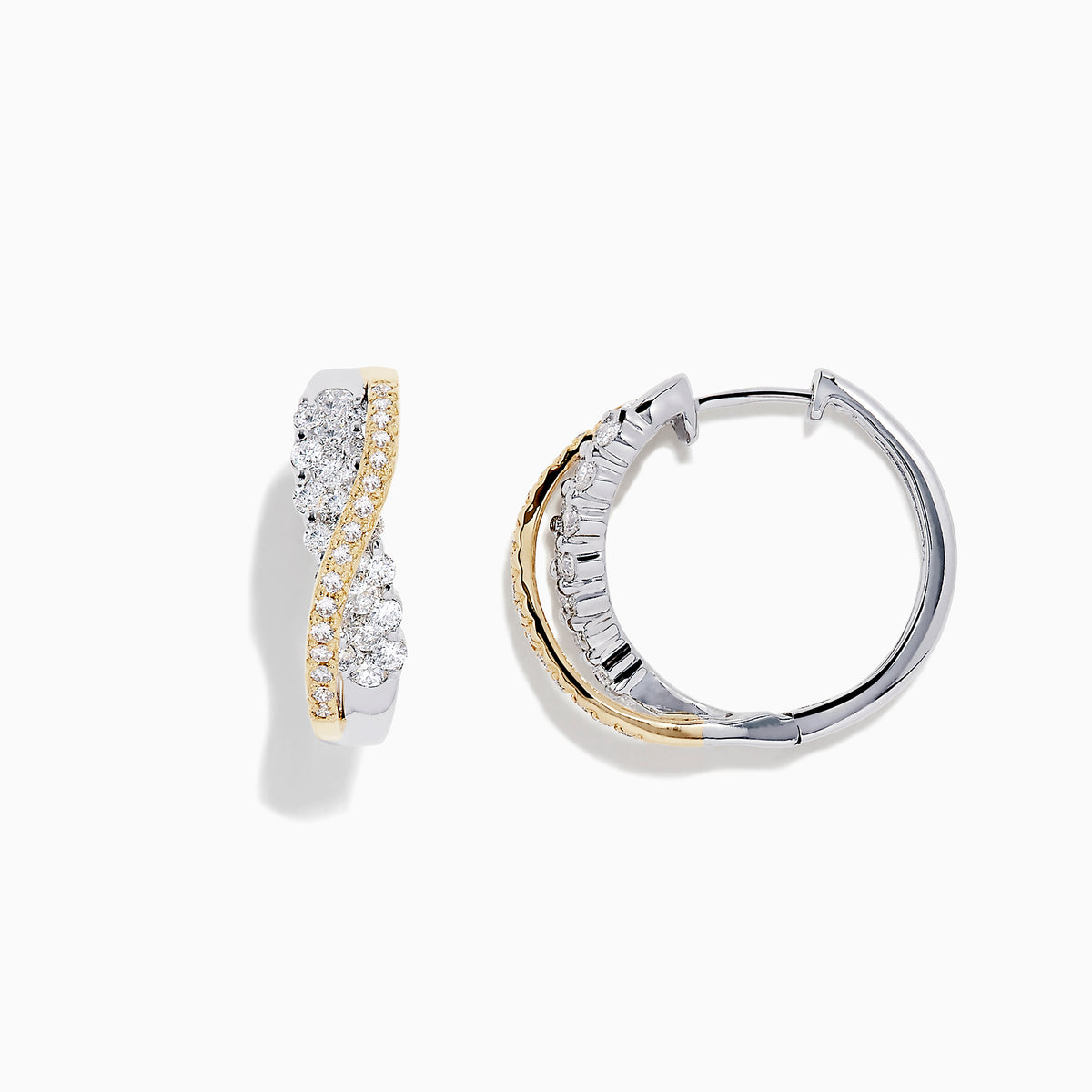 A pair of 14K White and Yellow Gold 3/4 Diamond Crossover Hoop Earrings (1.00 TCW) featuring a curved design with silver and gold tones, sparkling with encrusted diamonds against a plain white background.